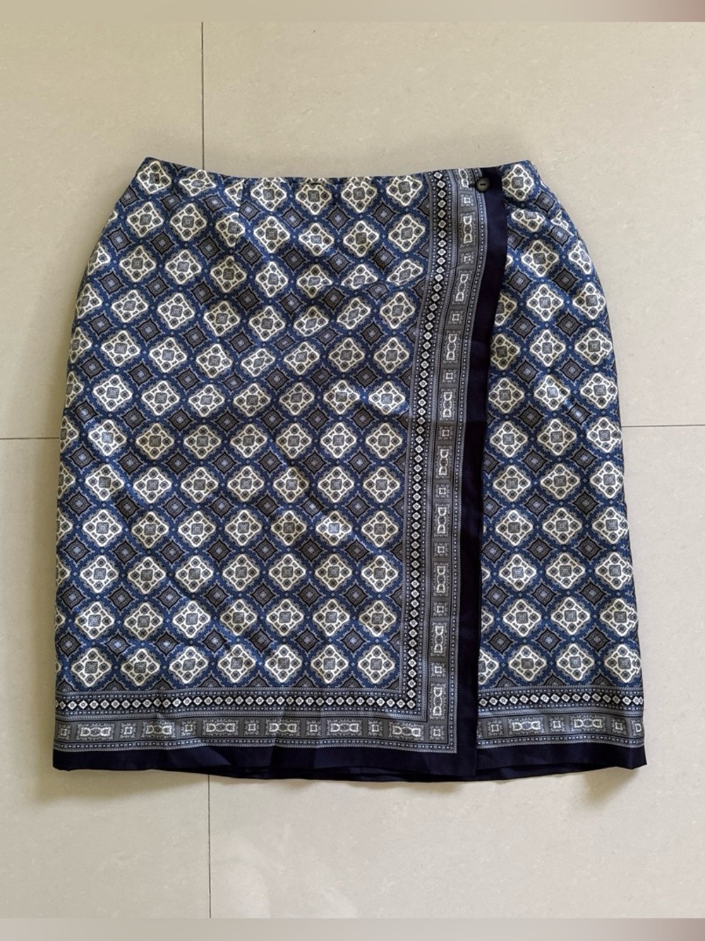Talbots 100% Silk Blue and Cream Wrap Midi Skirt